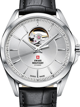 Front view of Swiss Military By Chrono SMA34085.34 Silver Dial Black Leather Unisex Watch on white background