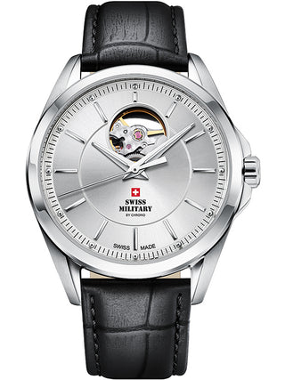 Angle shot of Swiss Military By Chrono SMA34085.34 Silver Dial Black Leather Unisex Watch on white background