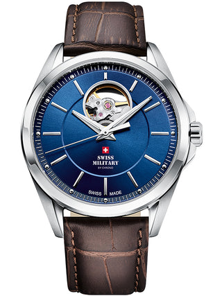 Angle shot of Swiss Military By Chrono SMA34085.35 Blue Dial Brown Leather Unisex Watch on white background