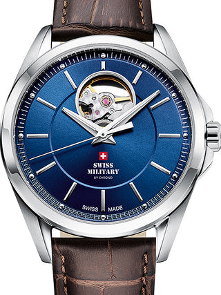 Front view of Swiss Military By Chrono SMA34085.35 Blue Dial Brown Leather Unisex Watch on white background