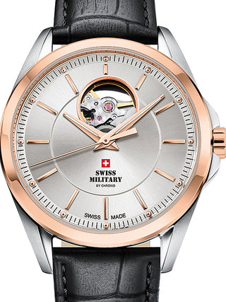Front view of Swiss Military By Chrono SMA34085.37 Silver Dial Black Leather Unisex Watch on white background