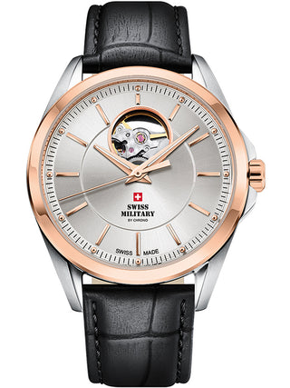 Angle shot of Swiss Military By Chrono SMA34085.37 Silver Dial Black Leather Unisex Watch on white background