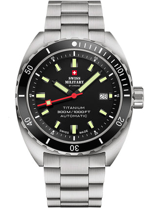Angle shot of Swiss Military By Chrono SMA34100.01 Black Dial Silver Titanium Unisex Watch on white background