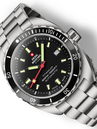 Angle shot of Swiss Military By Chrono SMA34100.01 Black Dial Silver Titanium Unisex Watch on white background