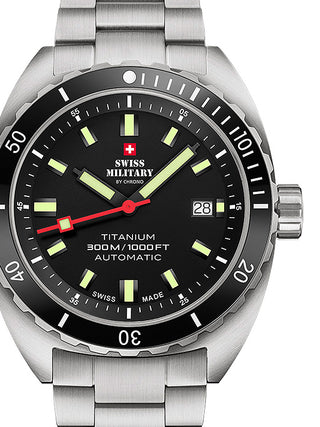Front view of Swiss Military By Chrono SMA34100.01 Black Dial Silver Titanium Unisex Watch on white background