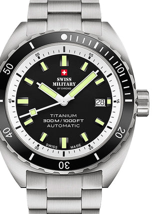 Front view of Swiss Military By Chrono SMA34100.02 Black Dial Silver Titanium Unisex Watch on white background
