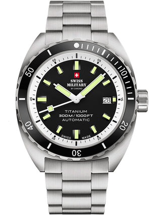 Angle shot of Swiss Military By Chrono SMA34100.02 Black Dial Silver Titanium Unisex Watch on white background