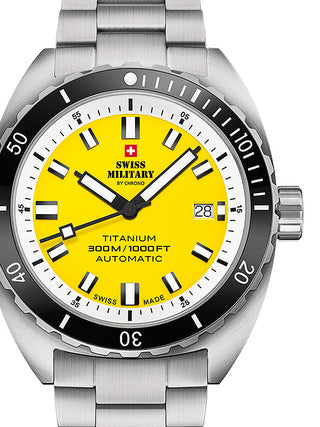 Front view of Swiss Military By Chrono SMA34100.05 Yellow Dial Silver Titanium Unisex Watch on white background