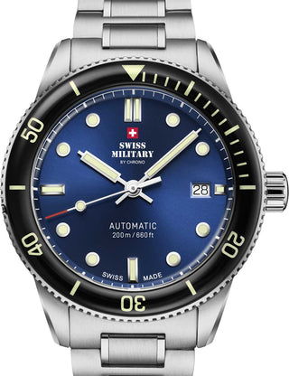 Front view of Swiss Military By Chrono SMA34106.02 Blue Dial Silver Stainless Steel Unisex Watch on white background