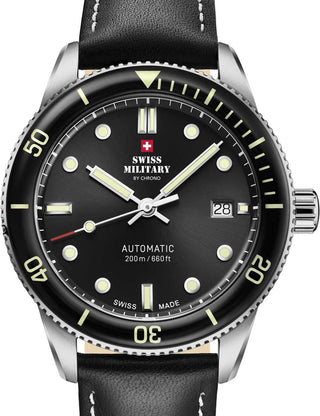 Front view of Swiss Military By Chrono SMA34106.05 Black Leather Unisex Watch on white background