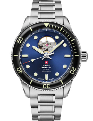 Angle shot of Swiss Military By Chrono SMA34106.12 Blue Dial Silver Stainless Steel Unisex Watch on white background