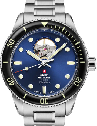 Front view of Swiss Military By Chrono SMA34106.12 Blue Dial Silver Stainless Steel Unisex Watch on white background