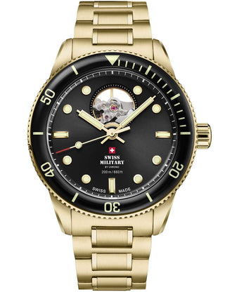 Angle shot of Swiss Military By Chrono SMA34106.14 Black Dial Gold Stainless Steel Unisex Watch on white background