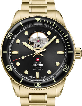 Front view of Swiss Military By Chrono SMA34106.14 Black Dial Gold Stainless Steel Unisex Watch on white background