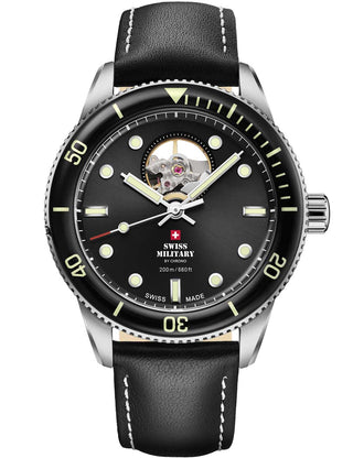 Angle shot of Swiss Military By Chrono SMA34106.15 Black Leather Unisex Watch on white background