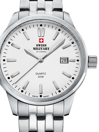 Front view of Swiss Military By Chrono SMP36009.02 White Dial Silver Stainless Steel Unisex Watch on white background