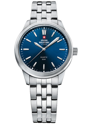 Angle shot of Swiss Military By Chrono SMP36010.09 Blue Dial Silver Stainless Steel Womens Watch on white background