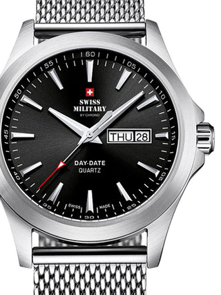 Front view of Swiss Military By Chrono SMP36040.01 Black Dial Silver Stainless Steel Unisex Watch on white background