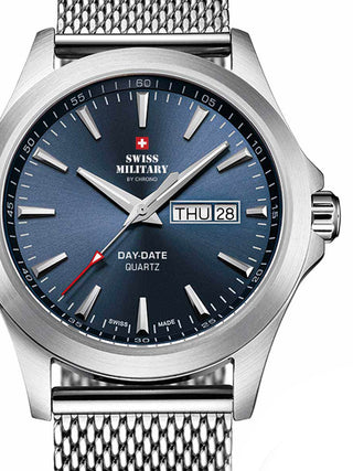 Front view of Swiss Military By Chrono SMP36040.03 Blue Dial Silver Stainless Steel Unisex Watch on white background