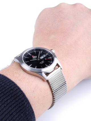 Angle shot of Swiss Military By Chrono SMP36040.01 Black Dial Silver Stainless Steel Unisex Watch on white background