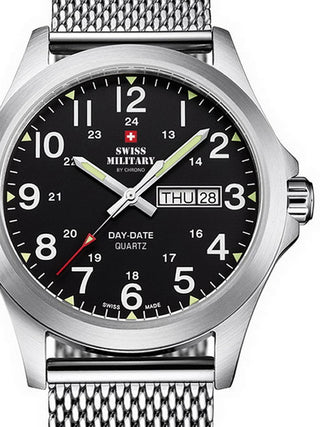 Front view of Swiss Military By Chrono SMP36040.13 Black Dial Silver Stainless Steel Unisex Watch on white background