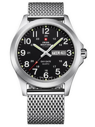 Angle shot of Swiss Military By Chrono SMP36040.13 Black Dial Silver Stainless Steel Unisex Watch on white background