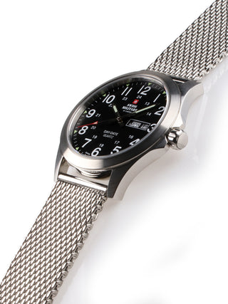 Angle shot of Swiss Military By Chrono SMP36040.13 Black Dial Silver Stainless Steel Unisex Watch on white background