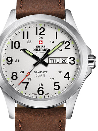 Front view of Swiss Military By Chrono SMP36040.16 Silver Dial Brown Leather Unisex Watch on white background