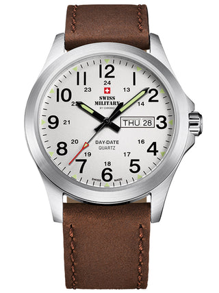 Angle shot of Swiss Military By Chrono SMP36040.16 Silver Dial Brown Leather Unisex Watch on white background