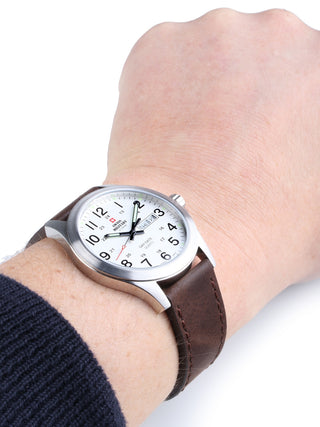 Angle shot of Swiss Military By Chrono SMP36040.16 Silver Dial Brown Leather Unisex Watch on white background