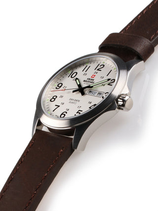 Angle shot of Swiss Military By Chrono SMP36040.16 Silver Dial Brown Leather Unisex Watch on white background
