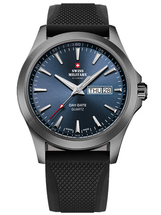 Angle shot of Swiss Military By Chrono SMP36040.18 Blue Dial Black Silicone Unisex Watch on white background