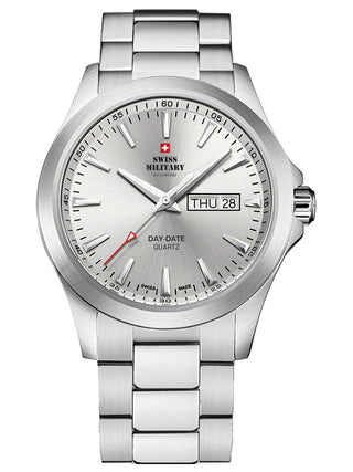 Angle shot of Swiss Military By Chrono SMP36040.23 White Dial Silver Stainless Steel Unisex Watch on white background