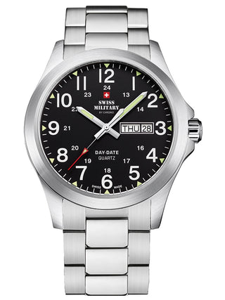 Angle shot of Swiss Military By Chrono SMP36040.25 Black Dial Silver Stainless Steel Unisex Watch on white background