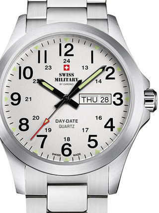 Front view of Swiss Military By Chrono SMP36040.26 White Dial Silver Stainless Steel Unisex Watch on white background