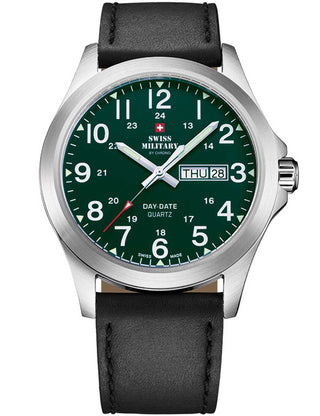 Angle shot of Swiss Military By Chrono SMP36040.30 Green Dial Black Leather Unisex Watch on white background