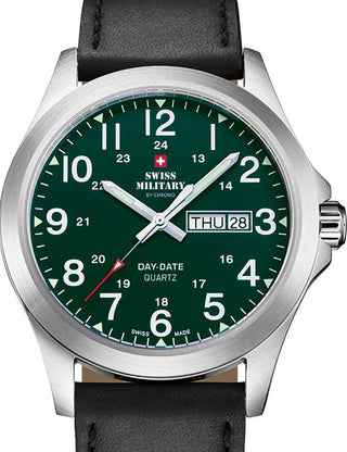 Front view of Swiss Military By Chrono SMP36040.30 Green Dial Black Leather Unisex Watch on white background