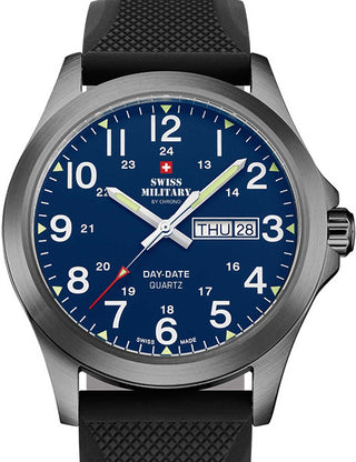 Front view of Swiss Military By Chrono SMP36040.32 Blue Dial Black Silicone Unisex Watch on white background