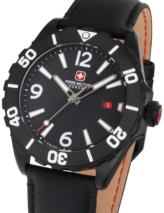 Front view of Swiss Military Hanowa SMWGB0000230 Black Leather Unisex Watch on white background