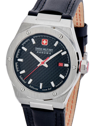 Front view of Swiss Military Hanowa SMWGB2101601 Black Leather Unisex Watch on white background