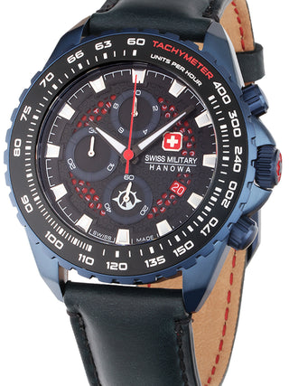 Front view of Swiss Military Hanowa Chronograph SMWGC2102291 Black Dial Blue Leather Unisex Watch on white background