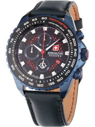 Angle shot of Swiss Military Hanowa Chronograph SMWGC2102291 Black Dial Blue Leather Unisex Watch on white background