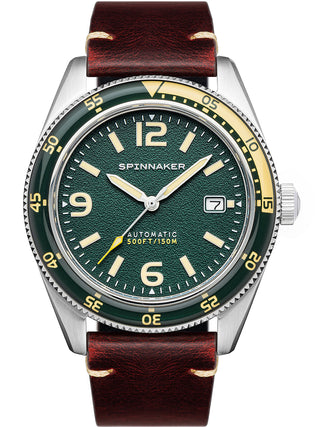 Front view of Spinnaker SP-5055-0C Green Dial Brown Leather Unisex Watch on white background