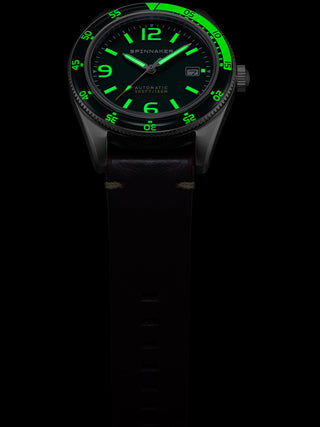 Angle shot of Spinnaker SP-5055-0C Green Dial Brown Leather Unisex Watch on white background