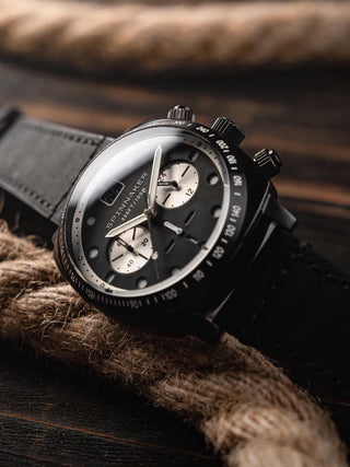 Angle shot of Spinnaker Chronograph SP-5068-08 Black Leather Unisex Watch on white background