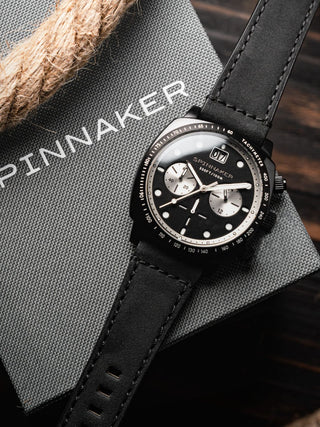 Angle shot of Spinnaker Chronograph SP-5068-08 Black Leather Unisex Watch on white background