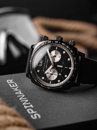 Angle shot of Spinnaker Chronograph SP-5068-08 Black Leather Unisex Watch on white background