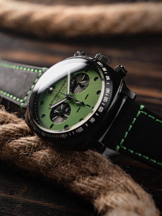 Angle shot of Spinnaker Chronograph SP-5068-0A Green Dial Black Leather Unisex Watch on white background