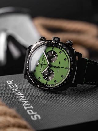 Angle shot of Spinnaker Chronograph SP-5068-0A Green Dial Black Leather Unisex Watch on white background