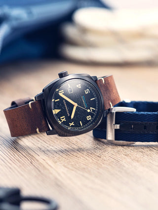 Angle shot of Spinnaker SP-5071-03 Black Dial Brown Leather Unisex Watch on white background